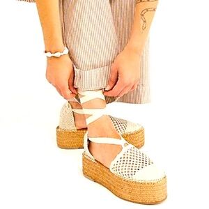 Free People Frida Wrap Platform Wedge Lace Up Ivory Woven Espadrille Sandals